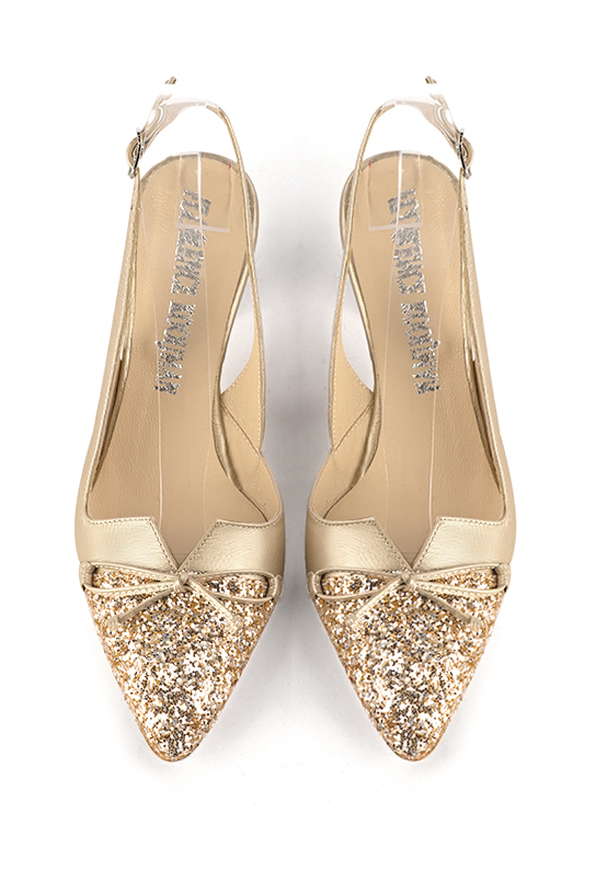 Gold women's open back shoes, with a knot. Tapered toe. High slim heel. Top view - Florence KOOIJMAN